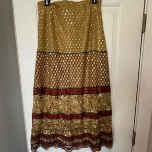 Hand Sewn Mesh Overlay Tiered Midi Skirt Ornate Sequin Beads Studs SzM Boho Arty